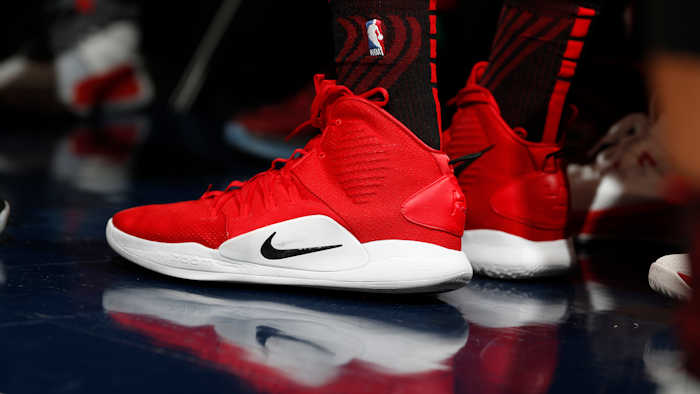 In this Jan. 13, 2019 file photo, Portland Trail Blazers forward Zach Collins (33) wears a pair of Nike Hyperdunks in the first half of an NBA basketball game in Denver.