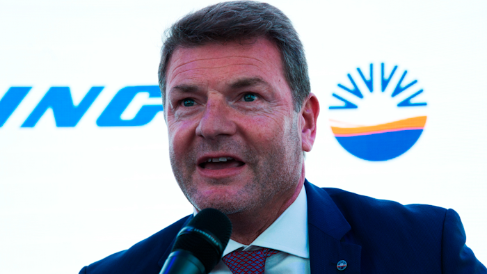 SunExpress CEO Jens Bischof speaks at a news conference at the Dubai Airshow in Dubai, United Arab Emirates on Nov. 18.