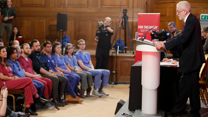 Britain's Labour party leader Jeremy Corbyn delivers a speech in London, England on Wednesday, Nov. 27 ahead of the general election on Dec. 12.