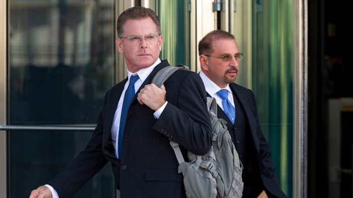 Douglas Haig, left, and his attorney Marc Victor leave the Lloyd George Federal Courthouse, Tuesday Nov. 19, 2019, in Las Vegas, after pleading guilty to illegally manufacturing tracer and armor-piercing bullets found in a high-rise hotel suite where a gunman took aim before the Las Vegas Strip massacre two years ago. Haig is a 57-year-old aerospace engineer who used to reload bullets at home in Mesa, Airz., and sell them at gun shows. He isn’t accused of a direct role in the Oct. 1, 2017, shooting that killed 58 people and injured hundreds at an open-air music festival.