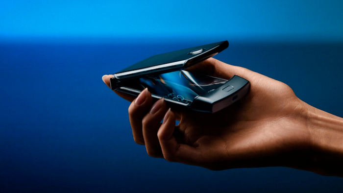 This undated product image provided by Motorola by Motorola’s new Razr phone. Motorola is bracing for the future by returning to the past as it adopts an historical flip-phone design in a smartphone with a foldable screen.