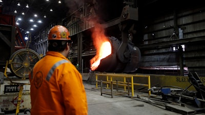In this June 28, 2018 file photo, senior melt operator Randy Feltmeyer watches a giant ladle as it backs away after pouring its contents of red-hot iron into a vessel in the basic oxygen furnace as part of the process of producing steel at the U.S. Steel Granite City Works facility in Granite City, IL.