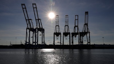 This Monday, Nov. 4 photo shows cargo cranes at the Port of Tacoma in Tacoma, WA.