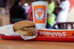 This Aug. 22, 2019 file photo shows a chicken sandwich at a Popeyes restaurant in Kyle, TX.