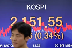 A currency trader walks by the screen showing the Korea Composite Stock Price Index (KOSPI) at the foreign exchange dealing room in Seoul, South Korea on Friday, Nov. 8.