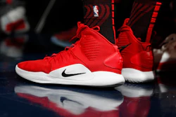 In this Jan. 13, 2019 file photo, Portland Trail Blazers forward Zach Collins (33) wears a pair of Nike Hyperdunks in the first half of an NBA basketball game in Denver.