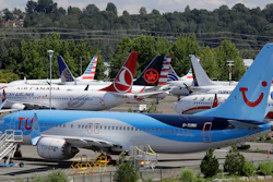 This Aug. 15, 2019 file photo shows dozens of grounded Boeing 737 MAX airplanes crowd a parking area adjacent to Boeing Field in Seattle.