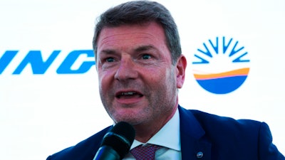 SunExpress CEO Jens Bischof speaks at a news conference at the Dubai Airshow in Dubai, United Arab Emirates on Nov. 18.