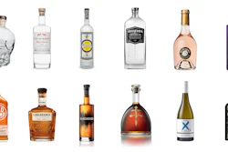 This combination photo shows a variety of celebrity spirits, top row from left, Crystal Head Vodka by Dan Aykroyd, Dos Hombres mezcal by actors Aaron Paul and Bryan Cranston, Cuca Fresca Cachaça Prata by Snoop Dogg, Aviation American Gin by Ryan Reynolds, Chateau Miraval Cotes de Provence Rose by Brad Pitt and Angelina Jolie, Highclere Castle Gin inspired by 'Downton Abbey,' bottom row from left, Old Camp peach pecan whiskey by Brian Kelley and Tyler Hubbard of Florida Georgia Line, Longbranch whiskey by Matthew McConaughey, Blackened American Whiskey by the heavy metal band Metallica, D’USSE XO cognac by Jay-Z, X SJP, a new sauvignon blanc by Sarah Jessica Parker and Proper No. Twelve Irish Whiskey by MMA fighter Conor McGregor.