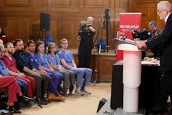 Britain's Labour party leader Jeremy Corbyn delivers a speech in London, England on Wednesday, Nov. 27 ahead of the general election on Dec. 12.