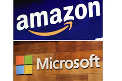 This combination of file photos shows the logos for Amazon, top, and Microsoft. . Amazon is protesting the Pentagon’s decision to award a huge cloud-computing contract to Microsoft, citing “unmistakable bias” in the decision. Amazon’s competitive bid for the “war cloud” drew criticism from President Donald Trump and its business rivals.