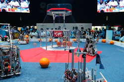 In this Friday, Oct. 25, 2019 photo, a team from Korea, on the right, competes with UAE Falcons during the First Global Challenge, a robotics and artificial intelligence competition in Dubai, United Arab Emirates. Seeking to bolster its image as a forward-looking metropolis, Dubai hosted the largest-ever international robotics contest this week, challenging young people from 190 countries to find solutions to global ocean pollution.