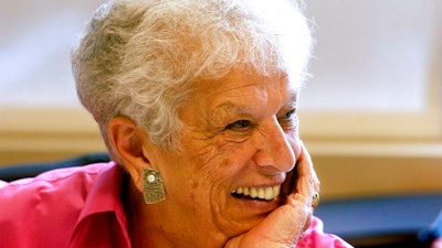 This Sept, 2004, file photo shows Gert Boyle at the company's headquarters in Beaverton, Ore. Boyle, the colorful chairwoman of Columbia Sportswear Co. who starred in ads proclaiming her as 'One Tough Mother,' died Sunday, Nov. 3, 2019. She was 95.