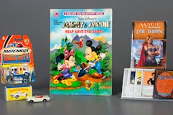 In this Oct. 7, 2019 photo provided by the National Toy Hall of Fame, Matchbox Cars, left, the coloring book, center, and the collectible card game Magic: The Gathering were inducted into the National Toy Hall of Fame in Rochester, N.Y. The winners were selected by a panel of judges from among 12 finalists, which also included: Care Bears, Fisher-Price Corn Popper, Jenga, Masters of the Universe, My Little Pony, Nerf Blaster, Risk, the smartphone and the top.