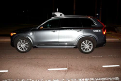 This March 18, 2018 file image provided by the Tempe Police Department shows an Uber SUV after hitting a woman in Tempe, Ariz. Documents released Tuesday, Nov. 5, 2019 by the National Transportation Safety Board raise questions about whether a self-driving Uber SUV that ran down a pedestrian last year should have been allowed on public roads for test purposes.