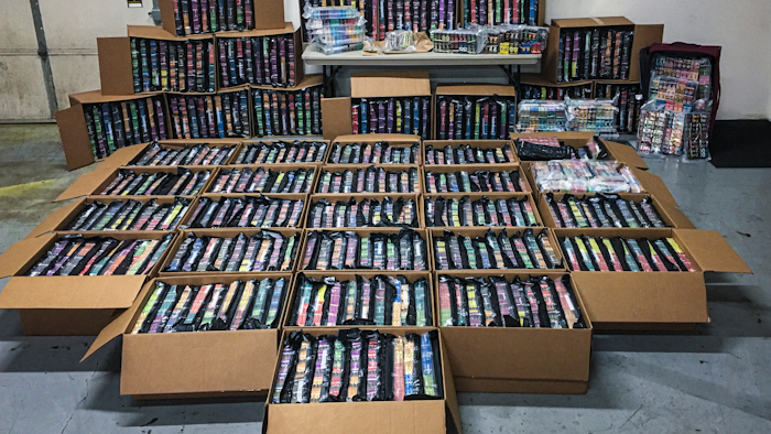 This photo provided Nov. 7, 2019, by the Minnesota Department of Public Safety shows some of the 75,000 THC vaping cartridges seized in drug busts by Minnesota's Northwest Metro Drug Task Force.