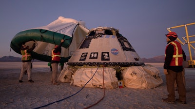 Boeing, NASA, and U.S. Army personnel work around the Boeing Starliner spacecraft shortly after it landed in White Sands, N.M., Sunday, Dec. 22, 2019. Boeing safely landed its crew capsule in the New Mexico desert Sunday after an aborted flight to the International Space Station that threatened to set back the company's effort to launch astronauts for NASA next year.