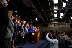 House Speaker Nancy Pelosi of Calif., accompanied by House Congress members, speaks at a news conference to discuss the United States Mexico Canada Agreement (USMCA) trade agreement, Tuesday, Dec. 10, 2019, on Capitol Hill in Washington.