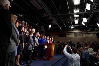 House Speaker Nancy Pelosi of Calif., accompanied by House Congress members, speaks at a news conference to discuss the United States Mexico Canada Agreement (USMCA) trade agreement, Tuesday, Dec. 10, 2019, on Capitol Hill in Washington.
