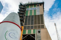 In this photo released on Saturday, Dec. 14, 2019 by the European Space Agency (ESA), the upper composite of the Soyuz that will lift ESA’s Cheops mission into space, along with the primary passenger, the Italian space agency’s Cosmo-SkyMed Second Generation satellite, and three CubeSats – including ESA’s OPS-SAT – is rolled into the mobile launch service tower at Europe’s Spaceport in Kourou, French Guiana. European space officials on Tuesday, Dec. 17, 2019 postponed the launch of a three-year mission to study planets in other solar systems shortly before it was due to blast off.