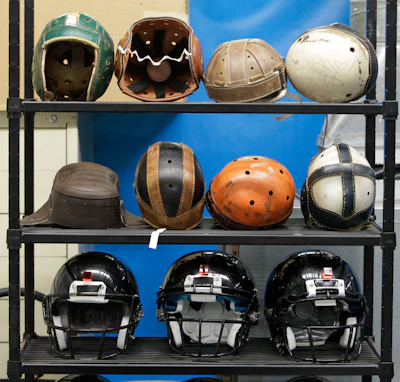 In this Sept. 23, 2010, file photo, various football helmets, used for testing helmet-to-helmet collisions, are displayed on a rack at a laboratory in the Cleveland Clinic's Lutheran Hospital in Cleveland. Helmets have evolved from the original hard leather of the NFL’s infancy to hard polycarbonate single-piece shells with various amounts of padding and air bladders that served as the primary form of head protection into the beginning of this century.