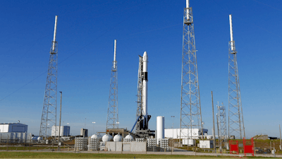 A Falcon 9 SpaceX rocket ready for launch at Cape Canaveral Air Force Staton in Cape Canaveral, Fla., Dec. 4, 2019.