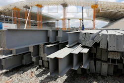 In this Dec. 8, 2013 file photo, steel beams sit outside Arena de Sao Paulo in Sao Paulo, Brazil. President Donald Trump on Dec. 2, 2019 accused Brazil and Argentina of hurting American farmers through currency manipulation and said he’ll slap tariffs on their steel and aluminum imports to retaliate.