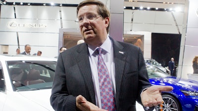 In this Jan. 11, 2016, file photo Toyota North America CEO Jim Lentz gives an interview within the Lexus display floor at the North American International Auto Show in Detroit. After 38 years in number of leadership roles with the company, Lentz is retiring, effective April 1, 2020. Lentz, 64, will step down in April as CEO of Toyota Motor North America, and will be replaced by Tetsuo “Ted” Ogawa, who currently chief operating officer, the company said Wednesday, Dec. 11, 2019.