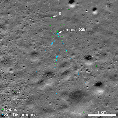 This image shows the Vikram Lander impact point and associated debris field. Green dots indicate spacecraft debris (confirmed or likely). Blue dots locate disturbed soil, likely where small bits of the spacecraft churned up the regolith. 'S' indicates debris identified by Shanmuga Subramanian. This portion of the Narrow Angle Camera mosaic was made from images M1328074531L/R and M1328081572L/R acquired Nov. 11.