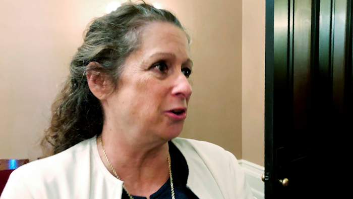Abigail Disney, granddaughter of Walt Disney Co. co-founder Roy Disney, speaks with reporters at the Capitol in Sacramento, Calif., Wednesday, Jan. 15, 2020. Disney testified before state lawmakers in support of a bill that would raise taxes on some of the country's largest corporations. The size of the tax increase would depend on the gap between what a company pays its CEO versus the average salary for employees. The larger the gap, the higher the tax increase.
