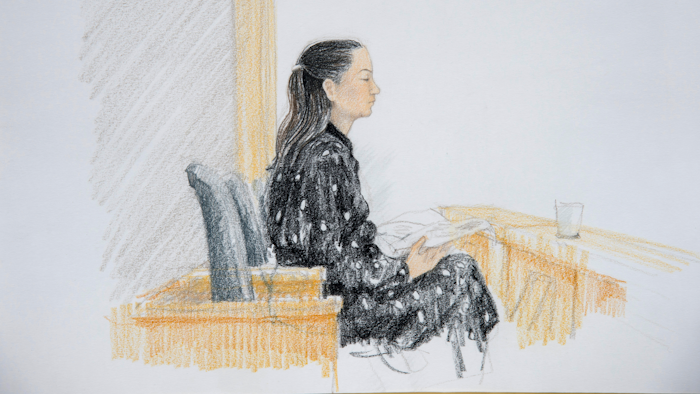In this court sketch, Meng Wanzhou, chief financial officer of Huawei, is pictured in B.C. Supreme Court in Vancouver, British Columbia, Monday, Jan. 20, 2020. The first stage of an extradition hearing for the senior executive of Chinese tech giant Huawei started in a Vancouver courtroom Monday, a case that has infuriated Beijing, caused a diplomatic uproar between China and Canada and complicated high-stakes trade talks between China and the United States.