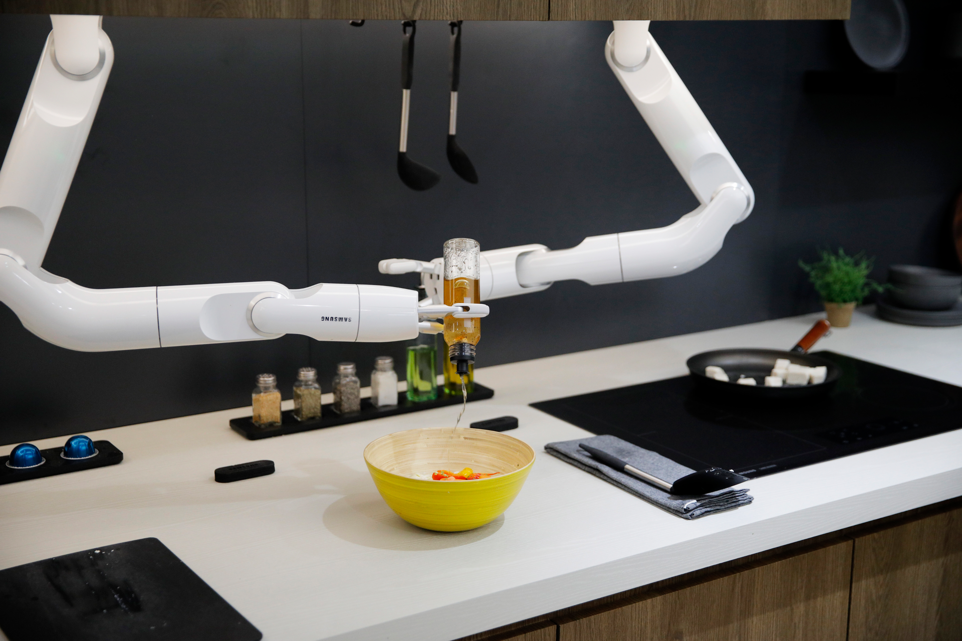 The Bot Chef is on display before a demonstration at the Samsung booth during the CES tech show, Tuesday, Jan. 7, 2020, in Las Vegas. The robot is designed to help with cooking tasks, not to make a meal all on it's own.