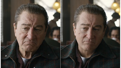 This combination of photos shows actor Robert De Niro, left, during the filming of 'The Irishman' and the younger version of De Niro created by Pablo Helman, visual effects supervisor at Industrial Light and Magic. Helman and his team spent two years looking through old movies and cataloging the targeted ages that De Niro would appear in the film.
