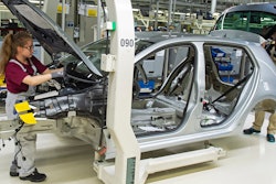 Picture taken May 14, 2019 shows complete Golf car bodies at the assembly line during a press tour of the plant of the German manufacturer Volkswagen AG (VW) in Zwickau, Germany. The first ID. production electrical vehicles are to roll off the assembly line at the end of 2019. Only e-cars will be built at Zwickau in 2021.