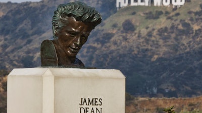 This Friday, Jan. 17, 2020, photo shows a bust of actor James Dean at the Griffith Observatory in the Griffith Park area of Los Angeles. Travis Cloyd, who is leading the revival of Dean for his appearance in 'Finding Jack,' says his company will eventually offer the late actor's digital likeness for a range of roles in movies, TV and video games.
