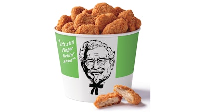 This undated product image provided by Kentucky Fried Chicken shows Beyond Fried Chicken​, a ​plant-based ​chicken​. The chain said on Wednesday, Jan. 29, 2020, that it will start testing Beyond Meat plant-based fried chicken in Charlotte, N.C., and Nashville, Tenn., next month.