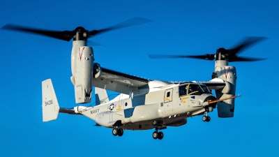 The maiden flight of the first CMV-22B Osprey took place in Amarillo, Texas. Test pilots verified product requirements and airworthiness for the U.S. Navy.