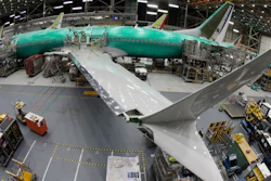 In this March 27, 2019, photo taken with a fish-eye lens, a Boeing 737 MAX 8 airplane sits on the assembly line during a brief media tour in Boeing's 737 assembly facility in Renton, Wash. The looming production shutdown of Boeing 737 Max jets is taking a toll on a key supplier. Spirit AeroSystems Holdings Inc. is asking employees if they will take voluntarily buyouts. Spirit suspended production of fuselages and other parts for the Max on Jan. 1, 2020, after Boeing told the Wichita, Kansas, company to suspend shipments.