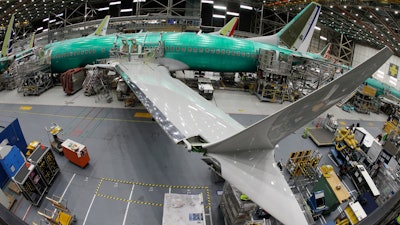 n this March 27, 2019, photo taken with a fish-eye lens, a Boeing 737 MAX 8 airplane sits on the assembly line during a brief media tour in Boeing's 737 assembly facility in Renton, Wash. The looming production shutdown of Boeing 737 Max jets is taking a toll on a key supplier. Spirit AeroSystems Holdings Inc. is asking employees if they will take voluntarily buyouts. Spirit suspended production of fuselages and other parts for the Max on Jan. 1, 2020, after Boeing told the Wichita, Kansas, company to suspend shipments.