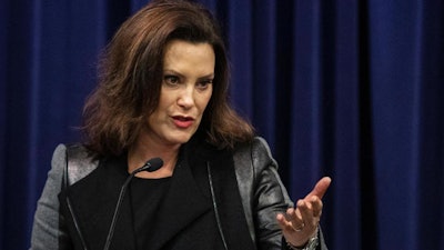Michigan Gov. Gretchen Whitmer at the announcement of a lawsuit against 17 manufacturers, Jan. 14, 2020, in Lansing.JOEL BISSELL/MLIVE.COM/KALAMAZOO GAZETTE VIA AP