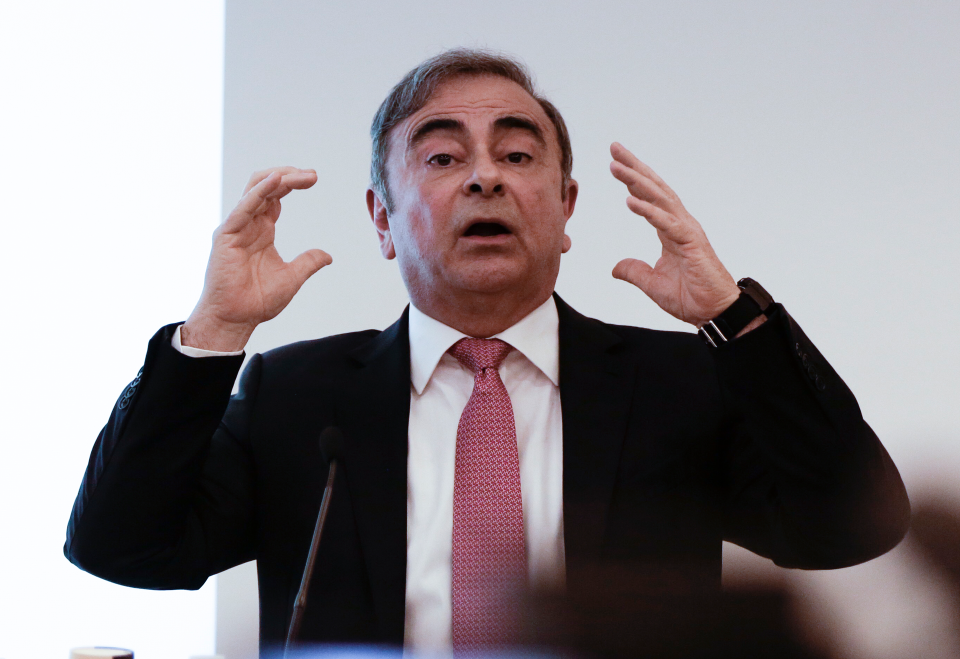 Former Nissan chairman Carlos Ghosn speaks at a press conference in Beirut, Jan. 8, 2020.