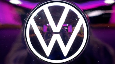 Picture taken on Nov.4, 2019 shows the VW logo on a car at a VW factory opening ceremony for electric cars in Zwickau, Germany.
