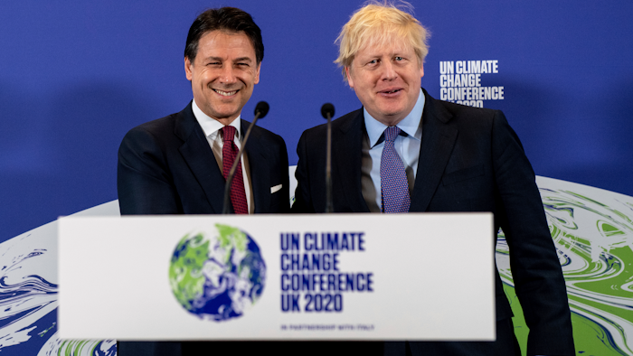 British Prime Minister Boris Johnson, right, and Italian Prime Minister Giuseppe Conte attend the launch of the upcoming COP26 UN Climate Summit in London, Feb. 4, 2020.