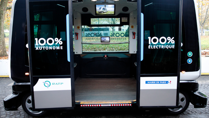 An EasyMile electric driverless shuttle during an experiment in Paris, Nov. 17, 2017.