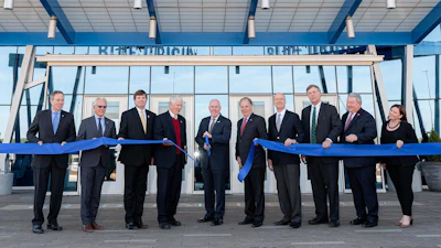 Left to right: Huntsville Chamber Board Chair Kevin Byrnes, Clayco CEO Bob Clark, Madison Co. Commission Chairman Dale Strong, U.S. Rep. Mo Brooks, Blue Origin CEO Bob Smith, U.S. Sen. Doug Jones, U.S. Rep. Robert Aderholt, Huntsville Mayor Tommy Battle, Ala. Secretary of Commerce Greg Canfield, and Executive Director of Cummings Research Park Erin Koshut.