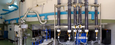 The treatment hardware for the prototype sanitation system that underwent field testing at a textile mill in Coimbatore, India.