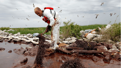 In this June 4, 2010, file photo, a worker picks up blobs of oil with absorbent snare on Queen Bess Island at the mouth of Barataria Bay near the Gulf of Mexico in Plaquemines Parish, La.