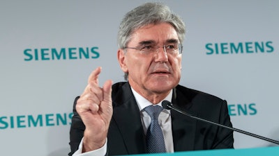 Joe Kaeser, CEO of Siemens, speaks during the Siemens Annual Shareholder's meeting in Munich, Germany, Wednesday, Feb. 5, 2020. Orders and earnings at industrial conglomerate Siemens were lower than a year earlier in the October-December period, the company said Wednesday, weighed down by weaker performances in the auto and energy sectors.