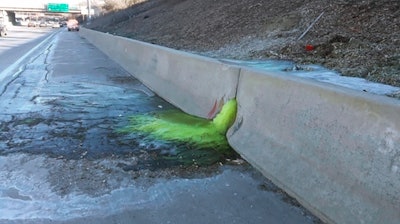 This Dec. 20, 2019 file photo provided by Michigan Department of Transportation shows toxic chemical substances leaking along Interstate 696 in Madison Heights, Mich.