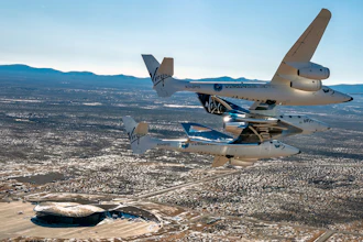 This photo provided by Virgin Galactic shows the Virgin Galactic's VSS Unity flying over Spaceport America in Truth or Consequences, NM on Thursday, Feb. 13, 2020.
